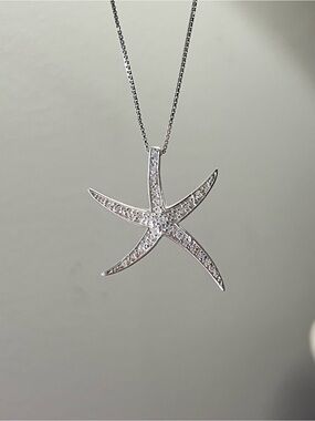 Sterling Silver Diamond Starfish Pendant Necklace - 925 Italy